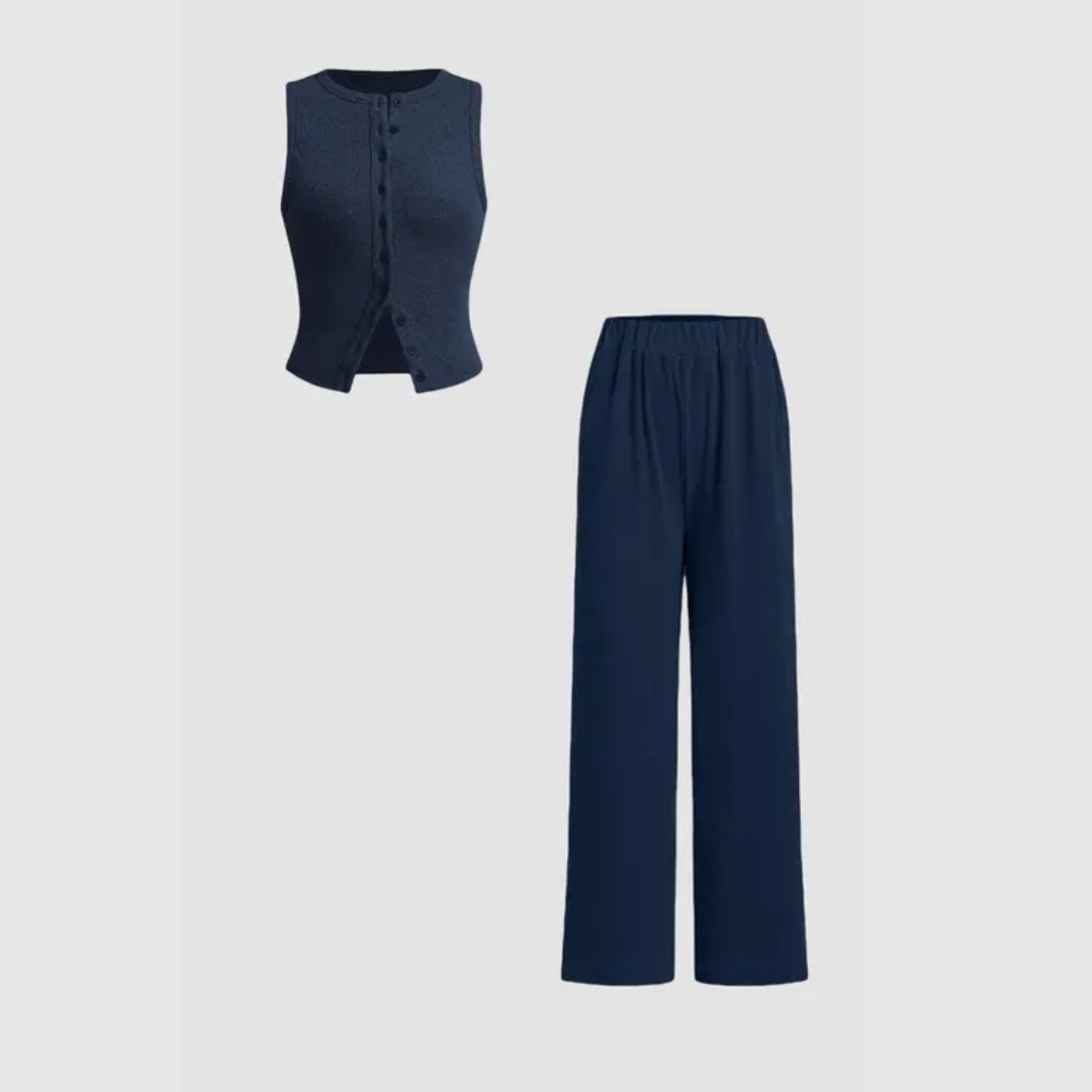 CLAIRE™ - Elegant Ribbed Button Tank and Pants Set
