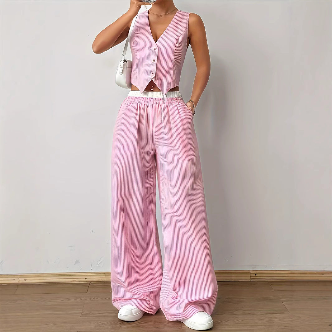 HELENA™ - Elegant Striped Print Vest Top & Wide-Leg Pants Set