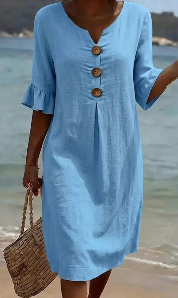 Sommer Midi Kleid Damen | Leinenlook mit Holzknöpfen & Rüschenärmeln