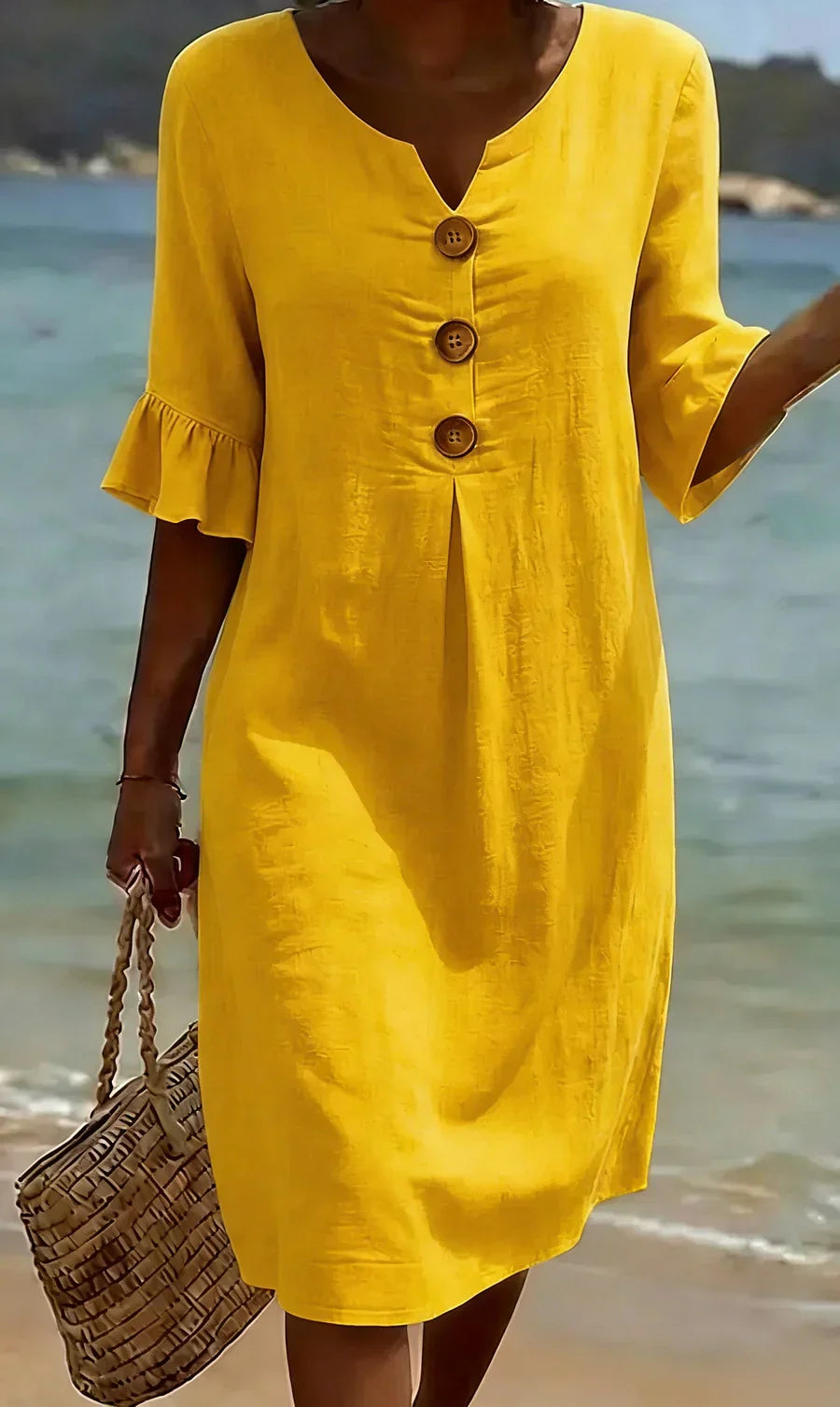 Sommer Midi Kleid Damen | Leinenlook mit Holzknöpfen & Rüschenärmeln