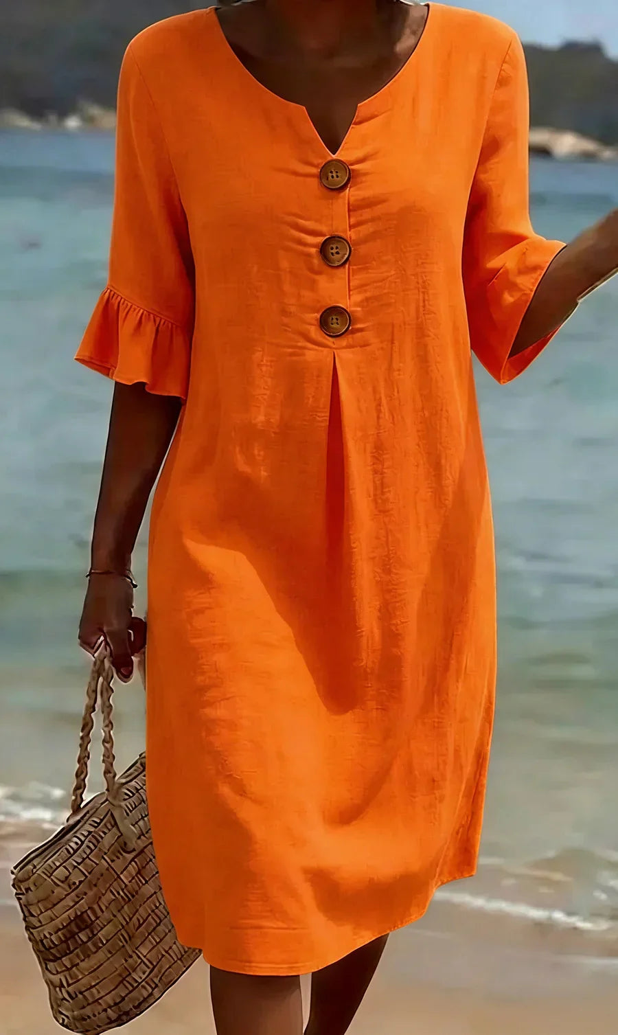 Sommer Midi Kleid Damen | Leinenlook mit Holzknöpfen & Rüschenärmeln