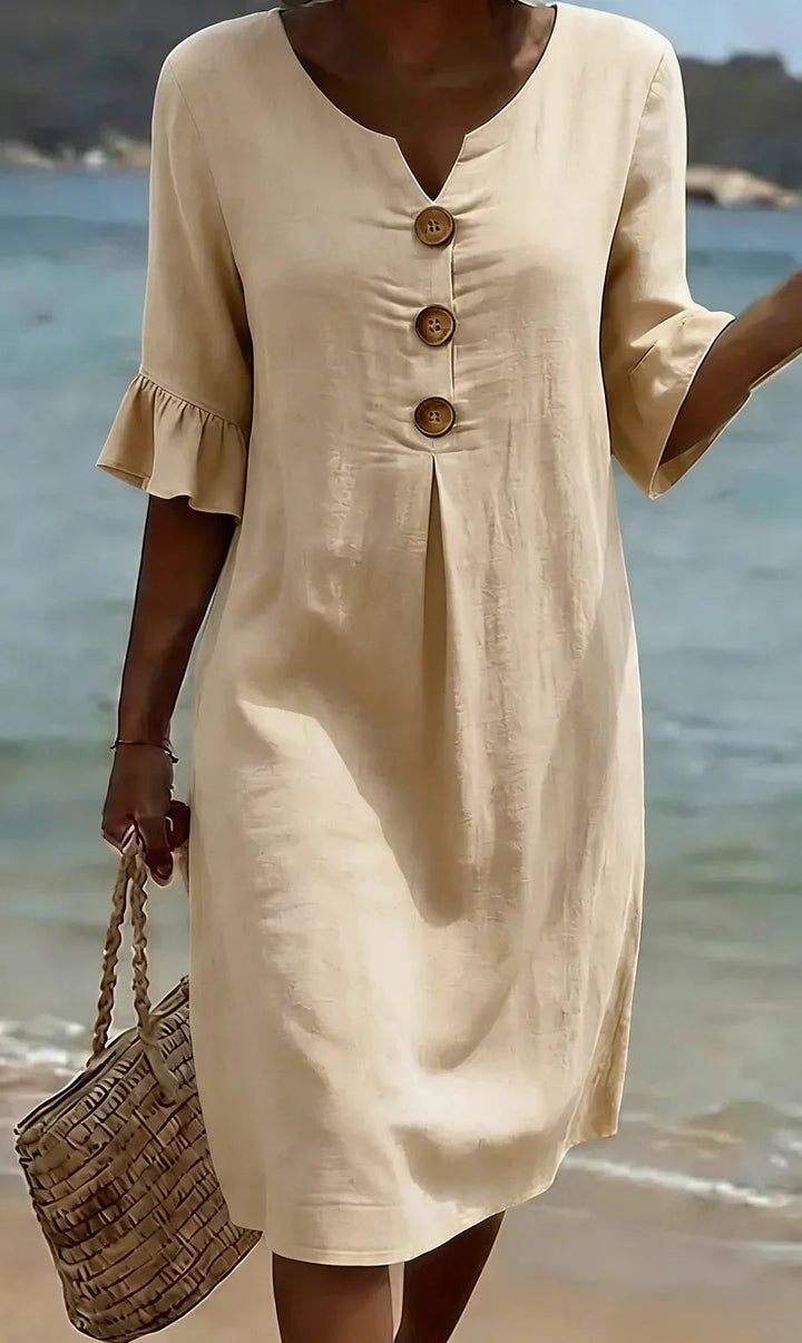 Sommer Midi Kleid Damen | Leinenlook mit Holzknöpfen & Rüschenärmeln