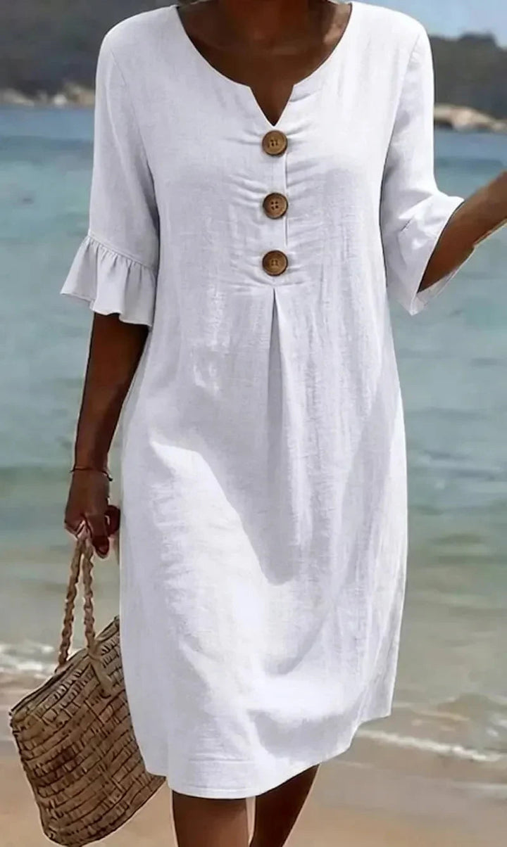 Sommer Midi Kleid Damen | Leinenlook mit Holzknöpfen & Rüschenärmeln