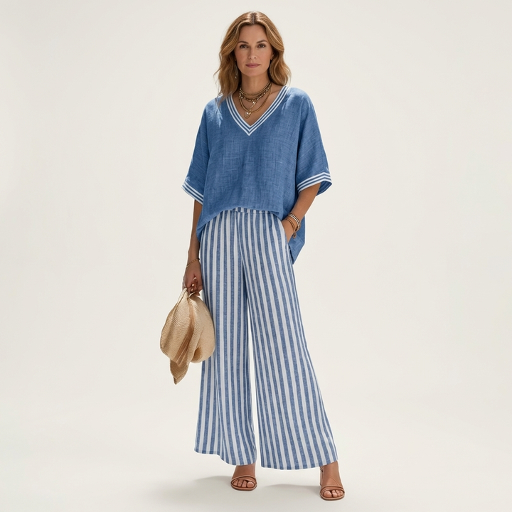 Juliana | V-Neck Varsity Top & Striped Wide Pants Set
