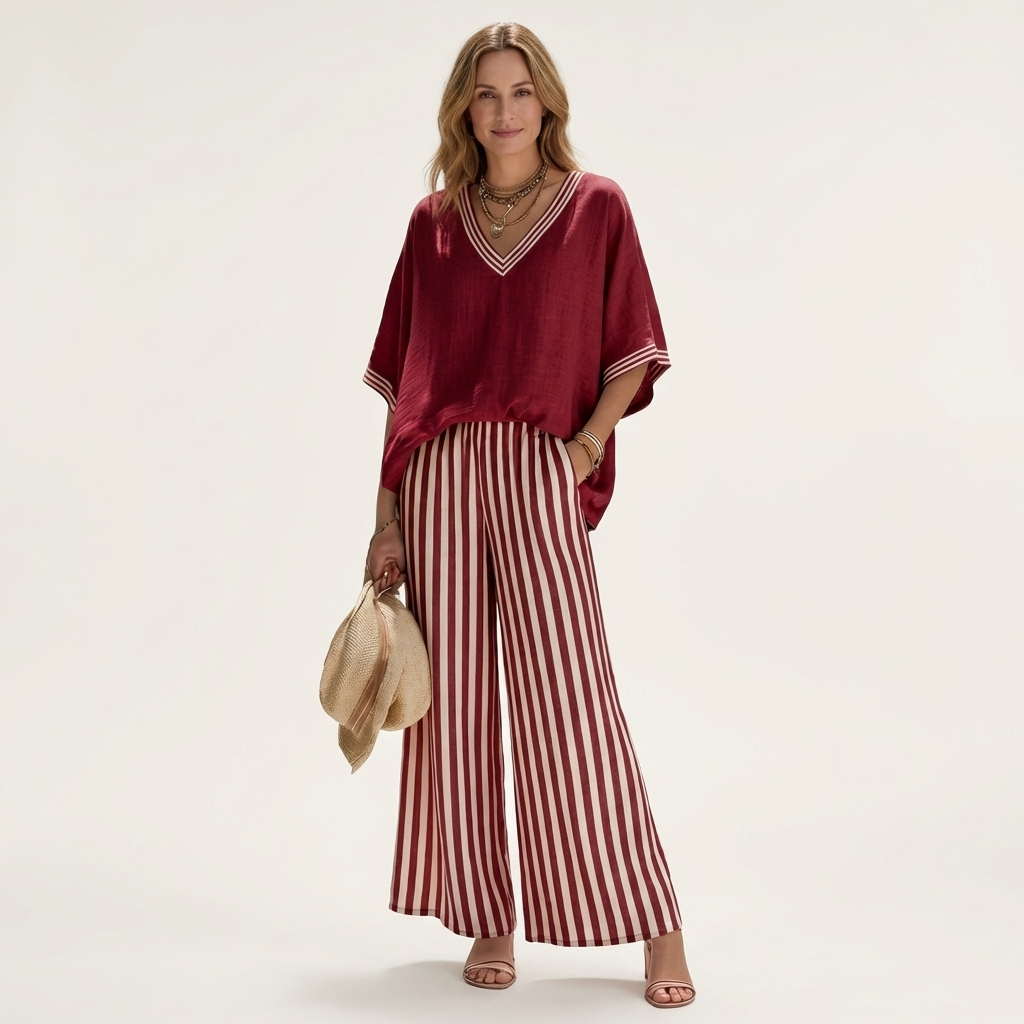 Juliana | V-Neck Varsity Top & Striped Wide Pants Set