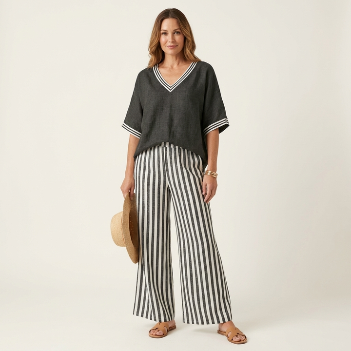 Juliana | V-Neck Varsity Top & Striped Wide Pants Set