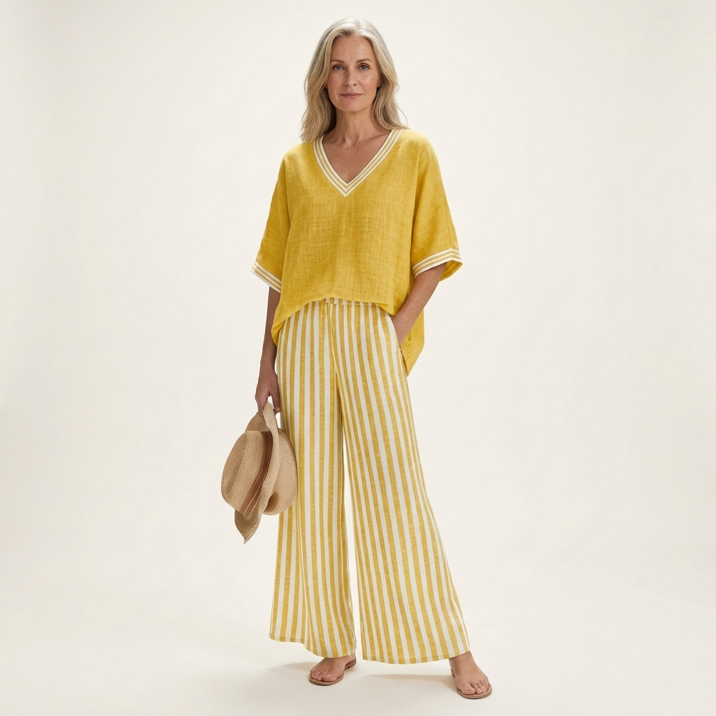 Juliana | V-Neck Varsity Top & Striped Wide Pants Set