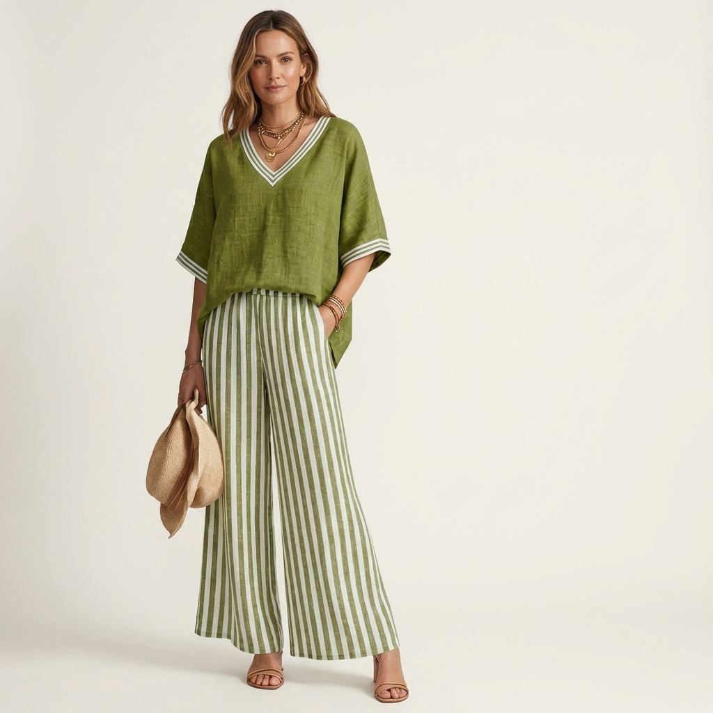 Juliana | V-Neck Varsity Top & Striped Wide Pants Set