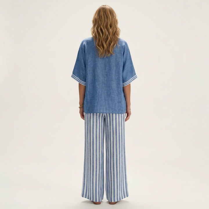 Juliana | V-Neck Varsity Top & Striped Wide Pants Set