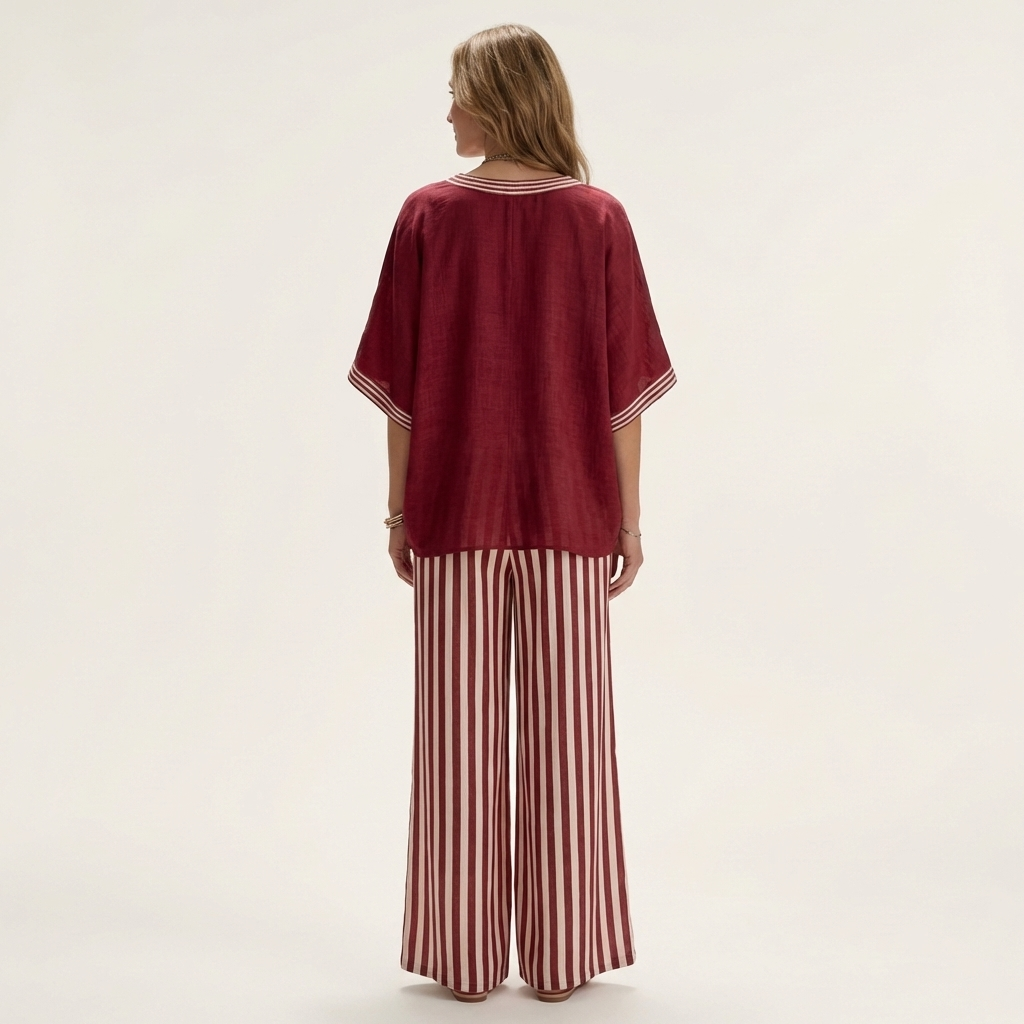 Juliana | V-Neck Varsity Top & Striped Wide Pants Set