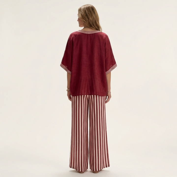 Juliana | V-Neck Varsity Top & Striped Wide Pants Set