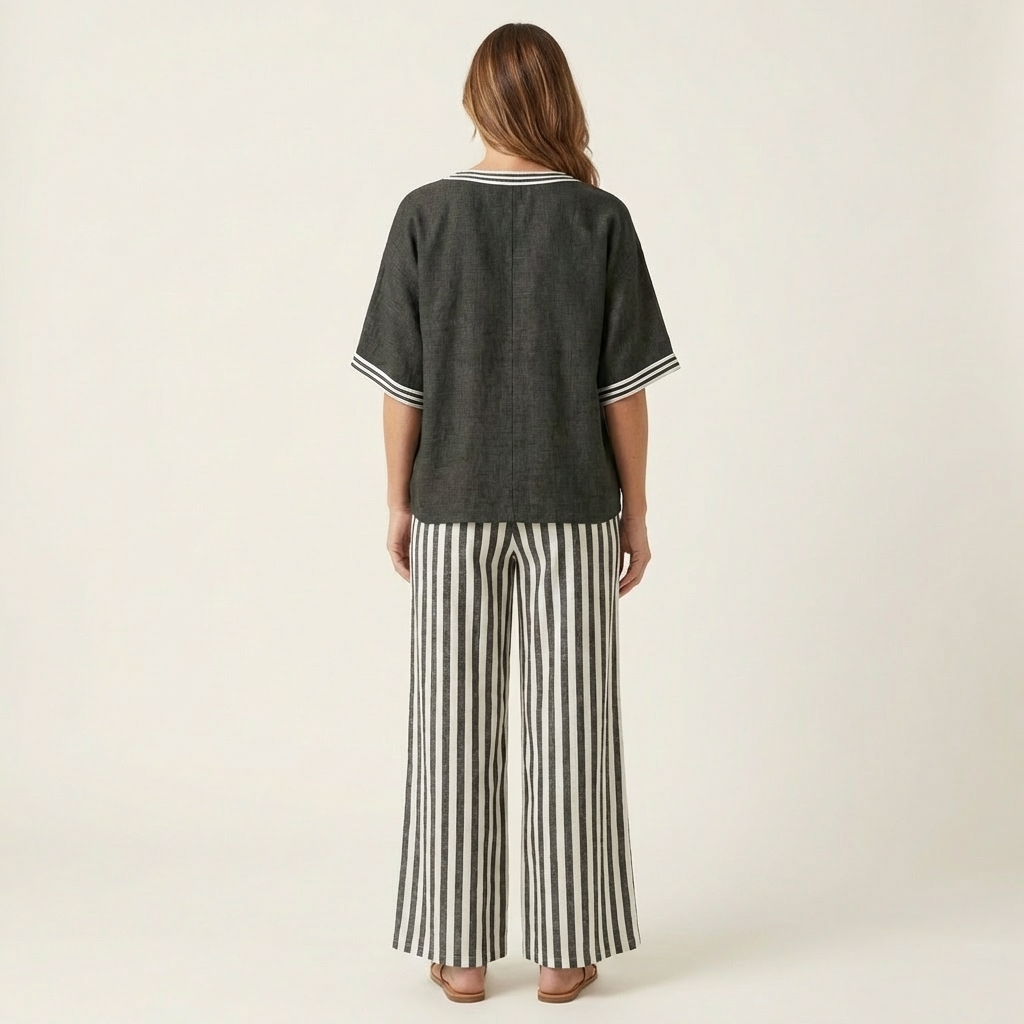 Juliana | V-Neck Varsity Top & Striped Wide Pants Set
