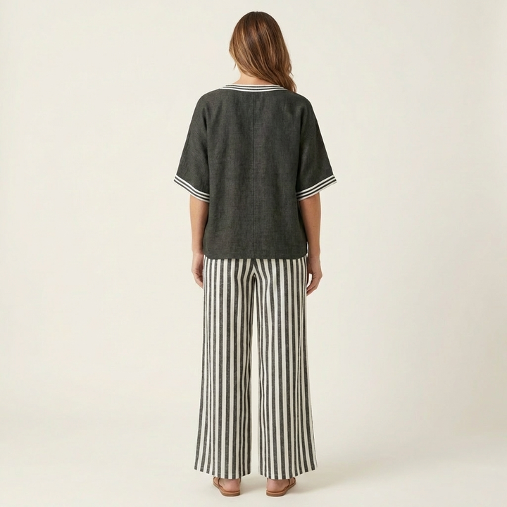 Juliana | V-Neck Varsity Top & Striped Wide Pants Set