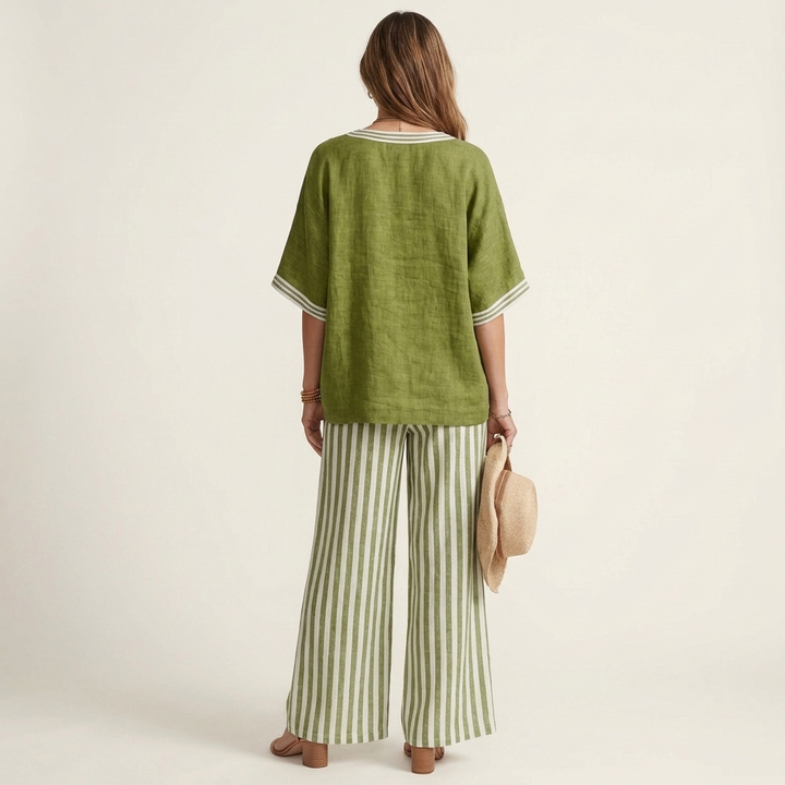 Juliana | V-Neck Varsity Top & Striped Wide Pants Set