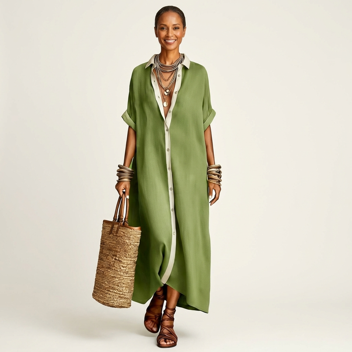 Kamira | Maxi Dress with Contrast Collar and Button Placket in Short Sleeve