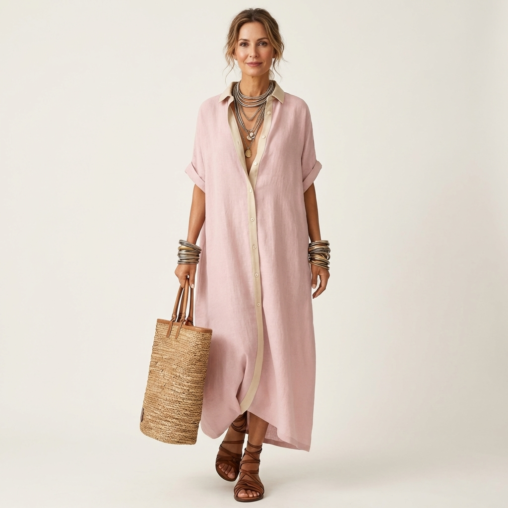 Kamira | Maxi Dress with Contrast Collar and Button Placket in Short Sleeve