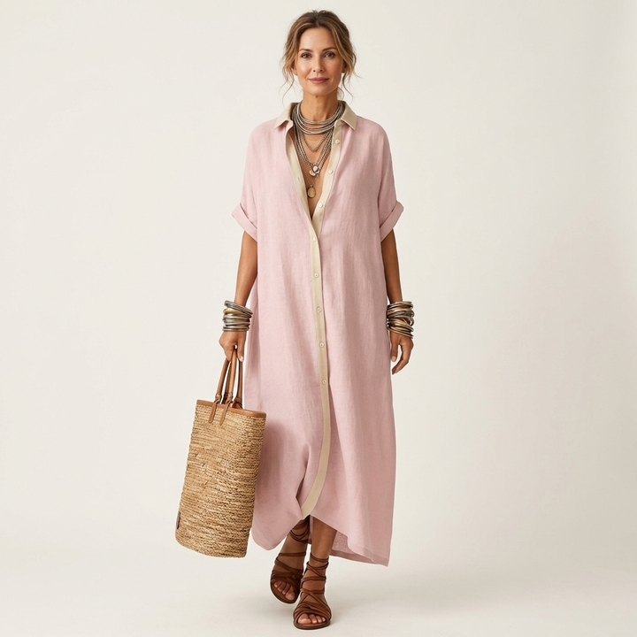 Kamira | Maxi Dress with Contrast Collar and Button Placket in Short Sleeve