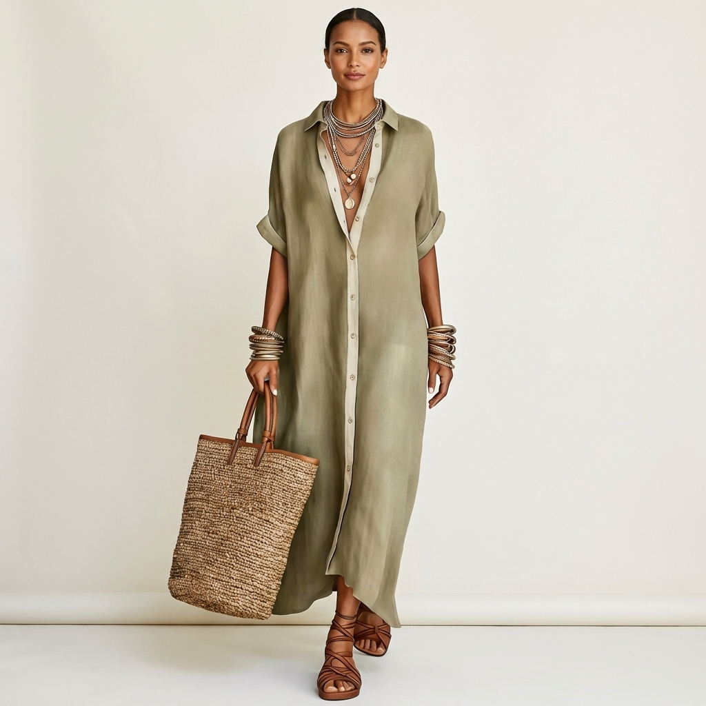 Kamira | Maxi Dress with Contrast Collar and Button Placket in Short Sleeve