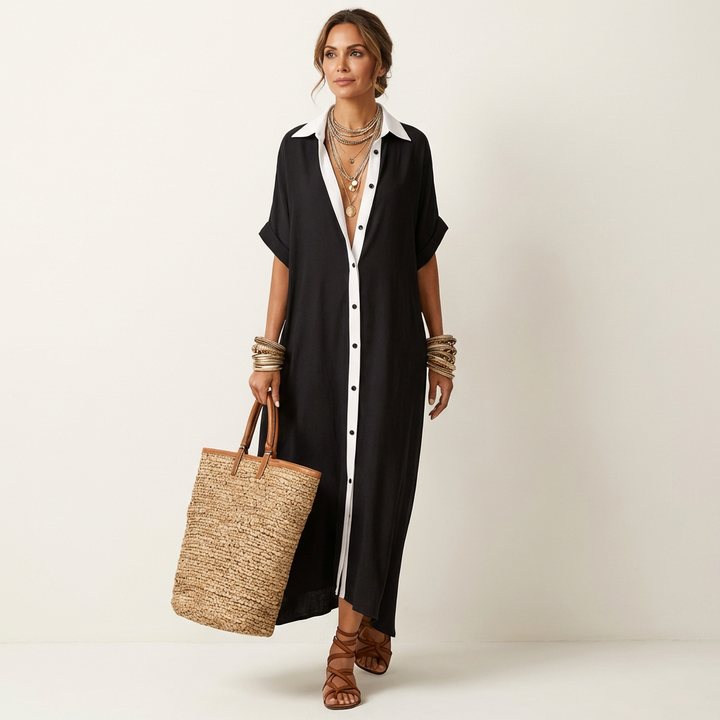 Kamira | Maxi Dress with Contrast Collar and Button Placket in Short Sleeve