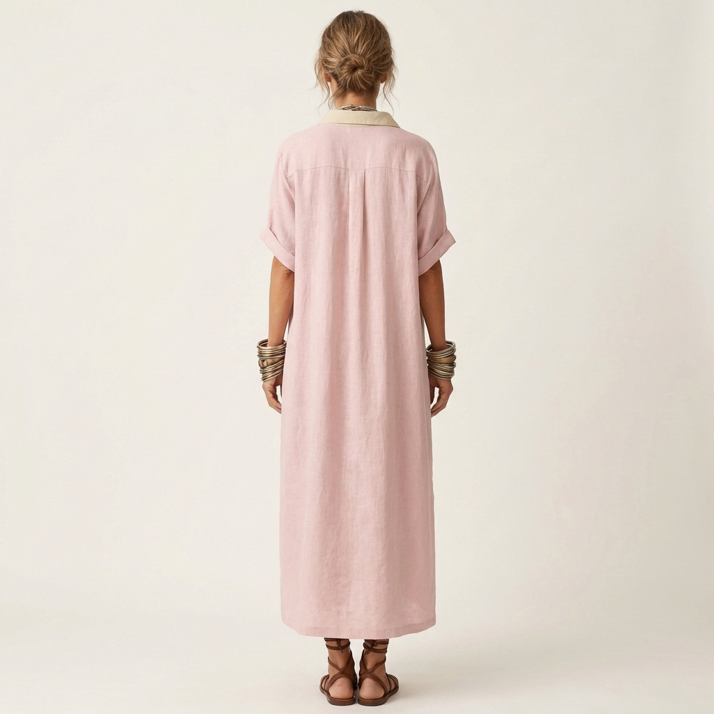Kamira | Maxi Dress with Contrast Collar and Button Placket in Short Sleeve