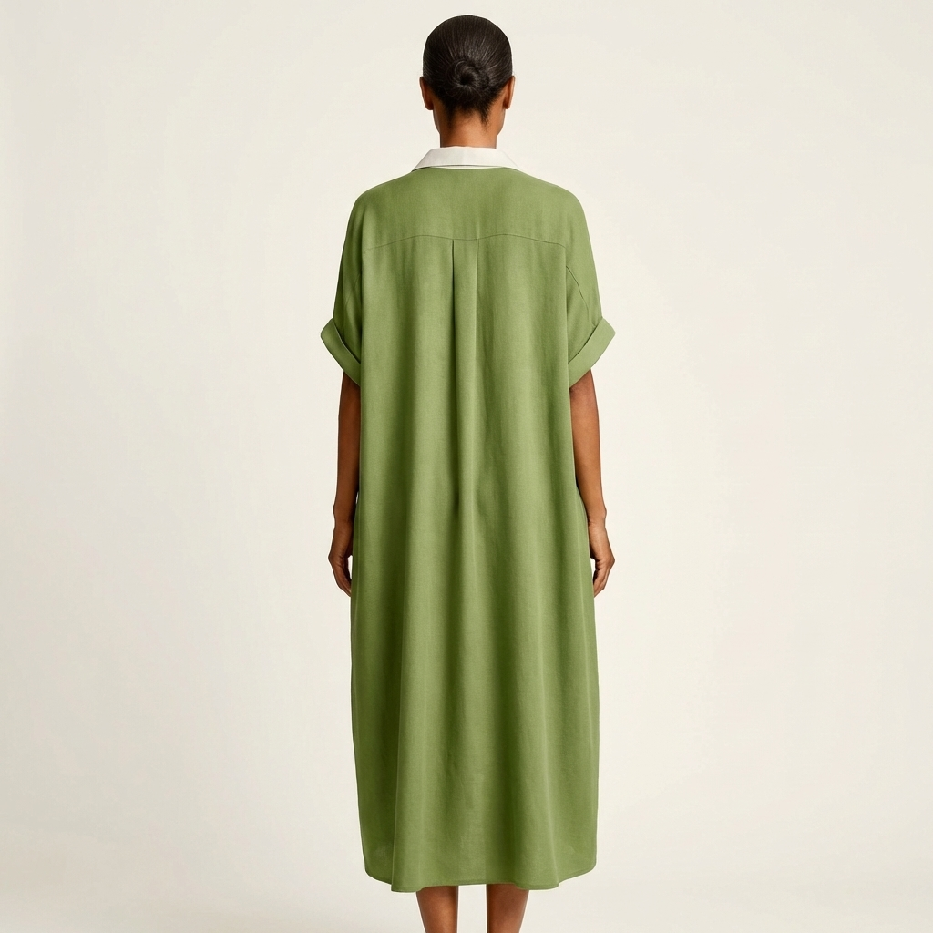 Kamira | Maxi Dress with Contrast Collar and Button Placket in Short Sleeve
