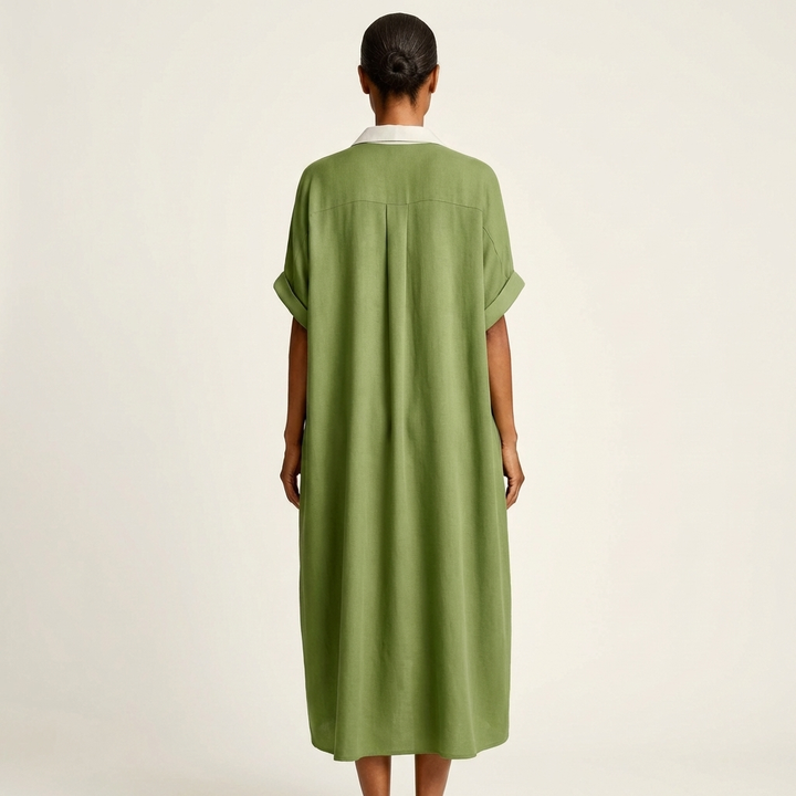 Kamira | Maxi Dress with Contrast Collar and Button Placket in Short Sleeve