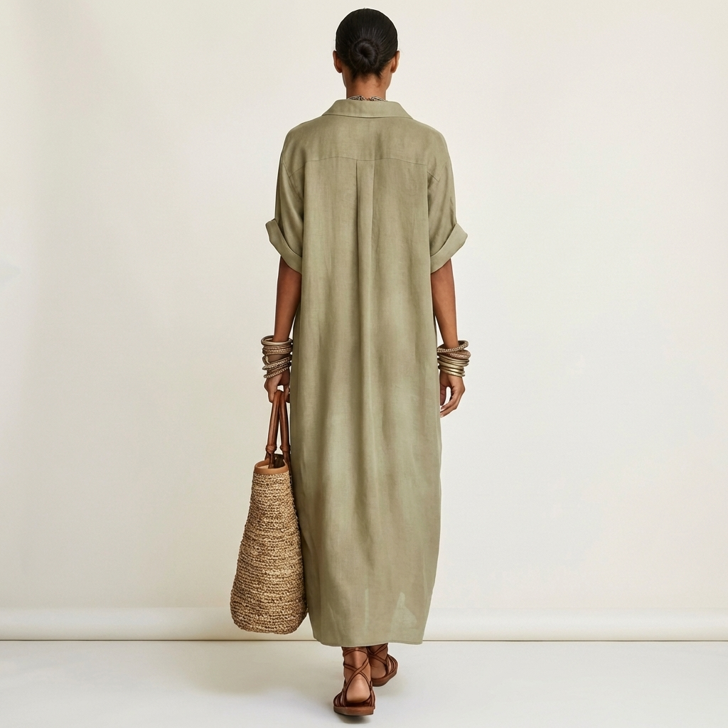 Kamira | Maxi Dress with Contrast Collar and Button Placket in Short Sleeve