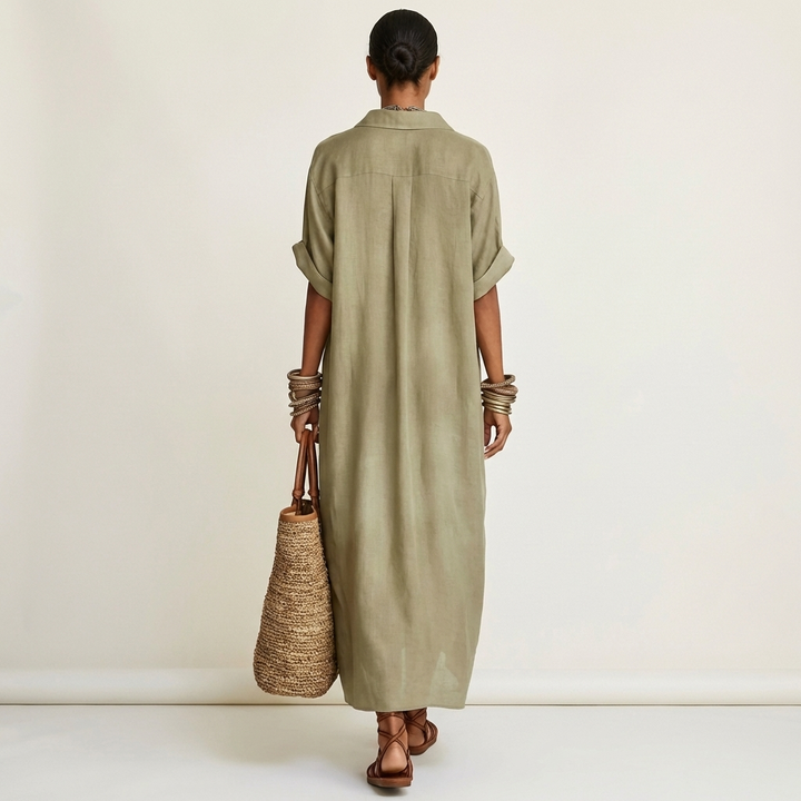Kamira | Maxi Dress with Contrast Collar and Button Placket in Short Sleeve