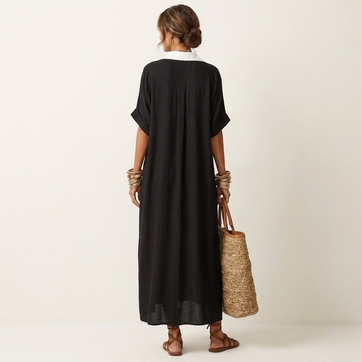 Kamira | Maxi Dress with Contrast Collar and Button Placket in Short Sleeve
