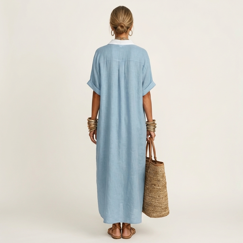 Kamira | Maxi Dress with Contrast Collar and Button Placket in Short Sleeve