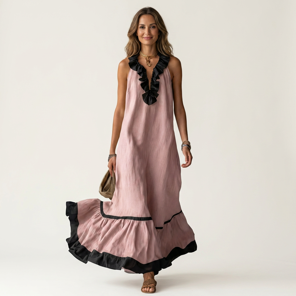 Mayline | Sleeveless Maxi Dress with Ruffled Neckline and Contrast Trim