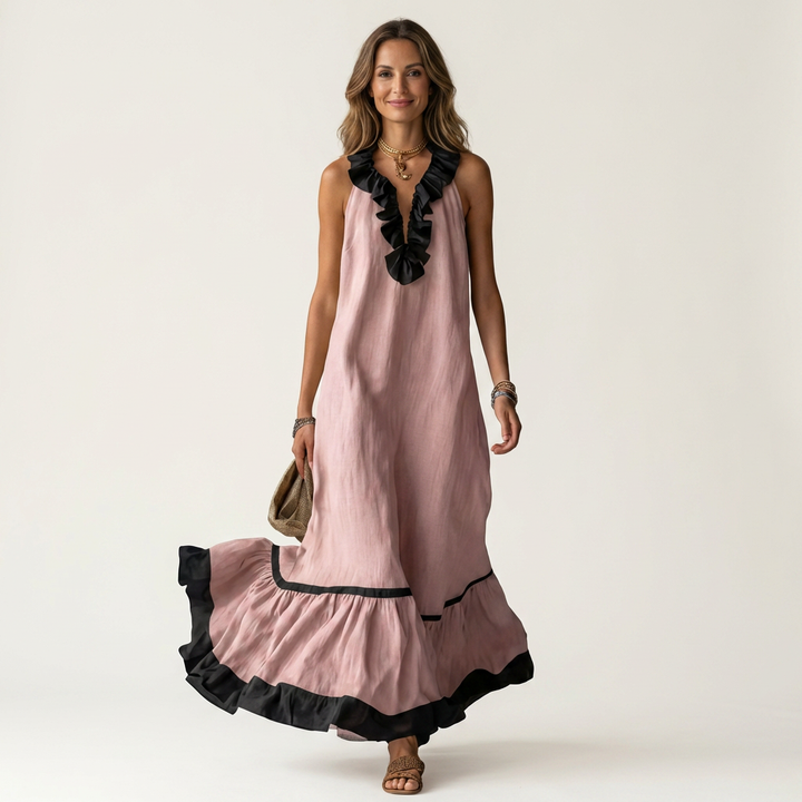Mayline | Sleeveless Maxi Dress with Ruffled Neckline and Contrast Trim