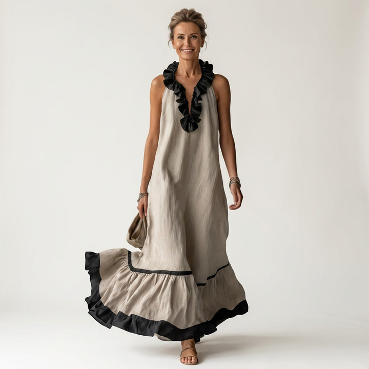 Mayline | Sleeveless Maxi Dress with Ruffled Neckline and Contrast Trim