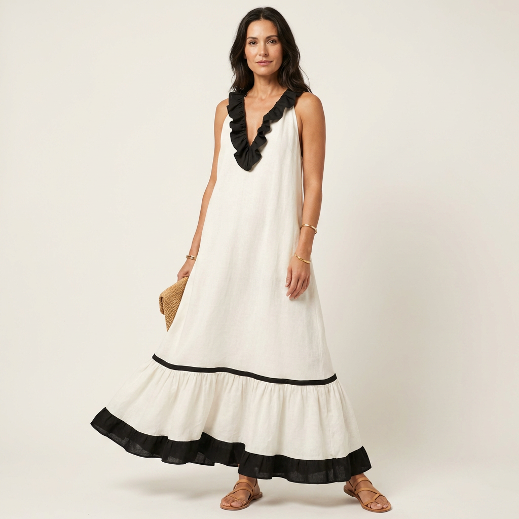 Mayline | Sleeveless Maxi Dress with Ruffled Neckline and Contrast Trim