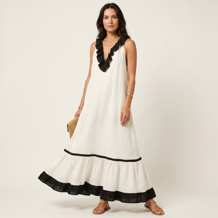 Mayline | Sleeveless Maxi Dress with Ruffled Neckline and Contrast Trim