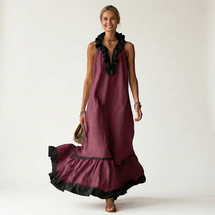 Mayline | Sleeveless Maxi Dress with Ruffled Neckline and Contrast Trim