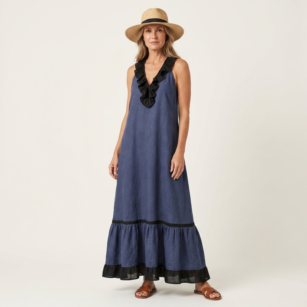 Mayline | Sleeveless Maxi Dress with Ruffled Neckline and Contrast Trim