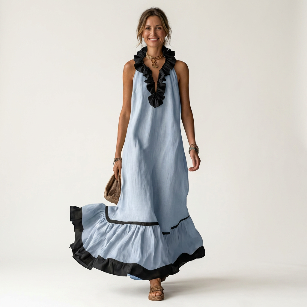 Mayline | Sleeveless Maxi Dress with Ruffled Neckline and Contrast Trim