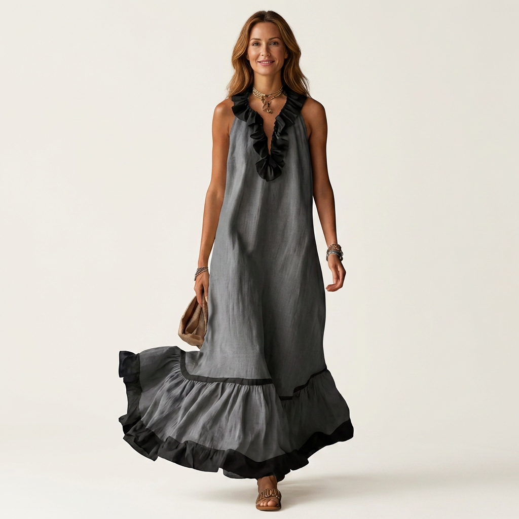Mayline | Sleeveless Maxi Dress with Ruffled Neckline and Contrast Trim