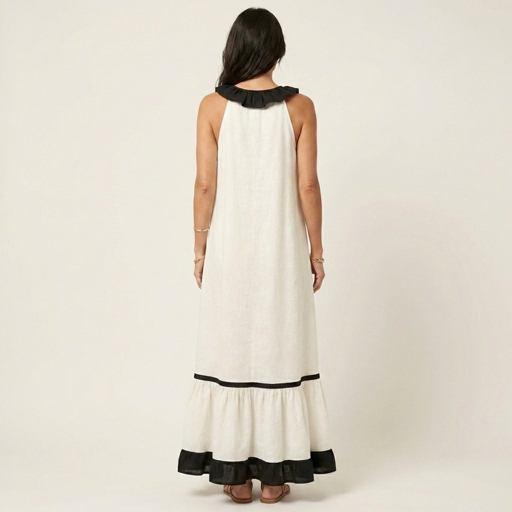 Mayline | Sleeveless Maxi Dress with Ruffled Neckline and Contrast Trim