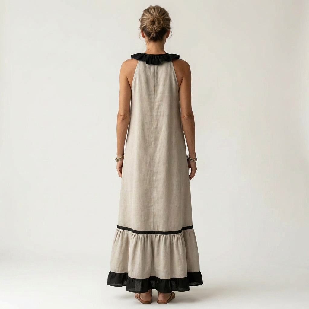 Mayline | Sleeveless Maxi Dress with Ruffled Neckline and Contrast Trim