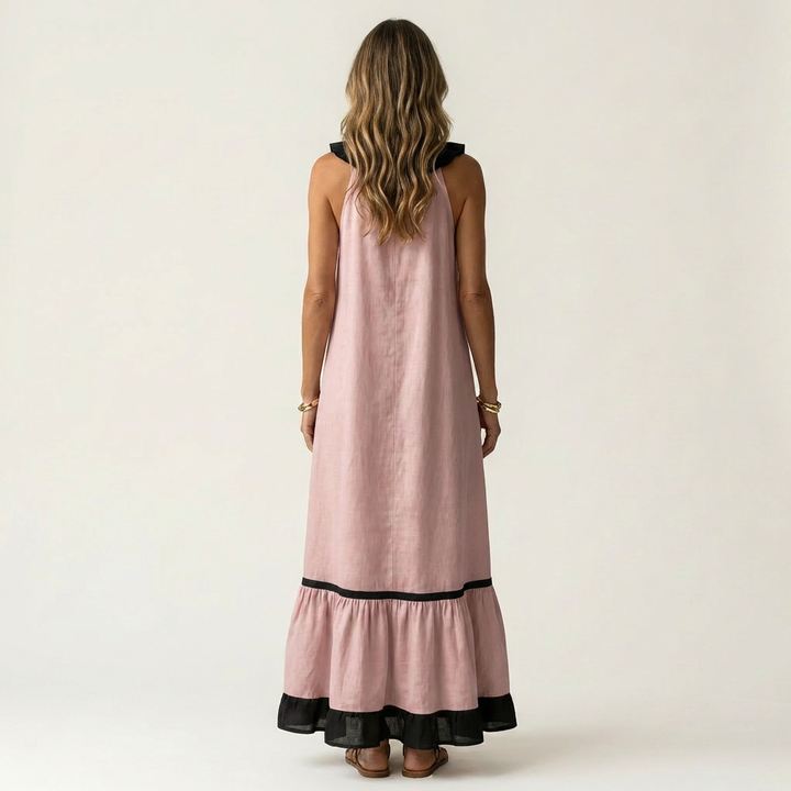 Mayline | Sleeveless Maxi Dress with Ruffled Neckline and Contrast Trim