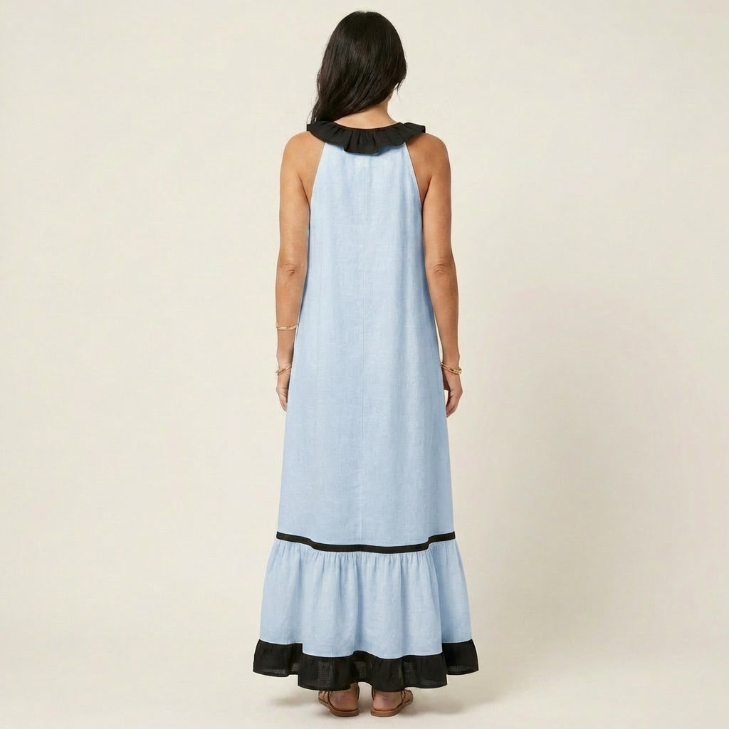 Mayline | Sleeveless Maxi Dress with Ruffled Neckline and Contrast Trim