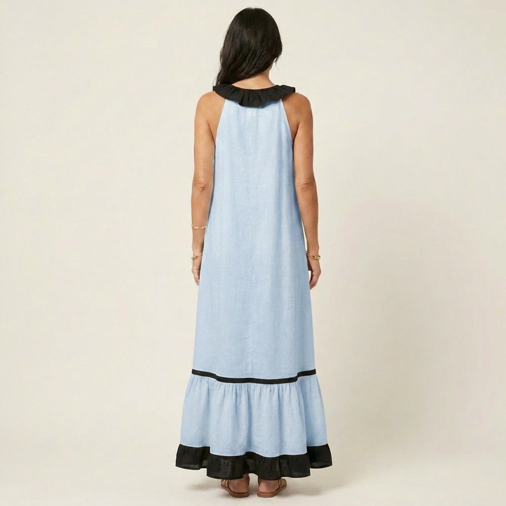 Mayline | Sleeveless Maxi Dress with Ruffled Neckline and Contrast Trim