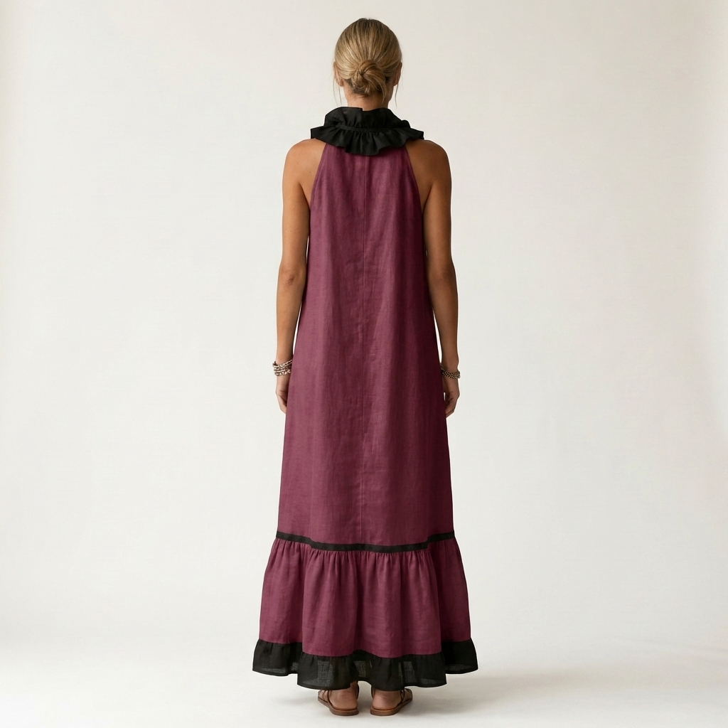 Mayline | Sleeveless Maxi Dress with Ruffled Neckline and Contrast Trim