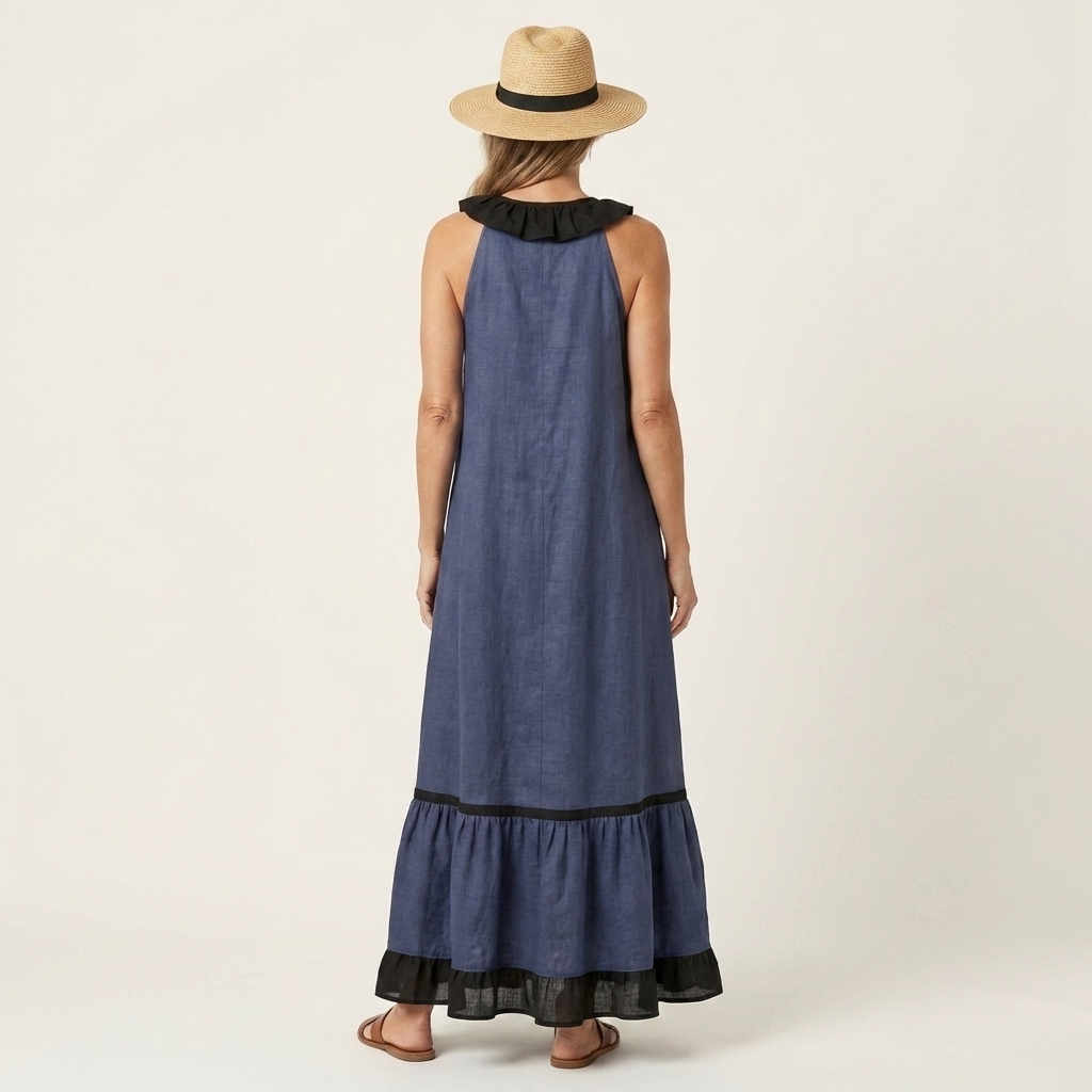 Mayline | Sleeveless Maxi Dress with Ruffled Neckline and Contrast Trim