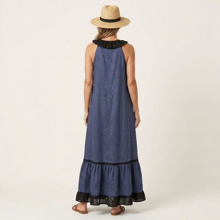 Mayline | Sleeveless Maxi Dress with Ruffled Neckline and Contrast Trim