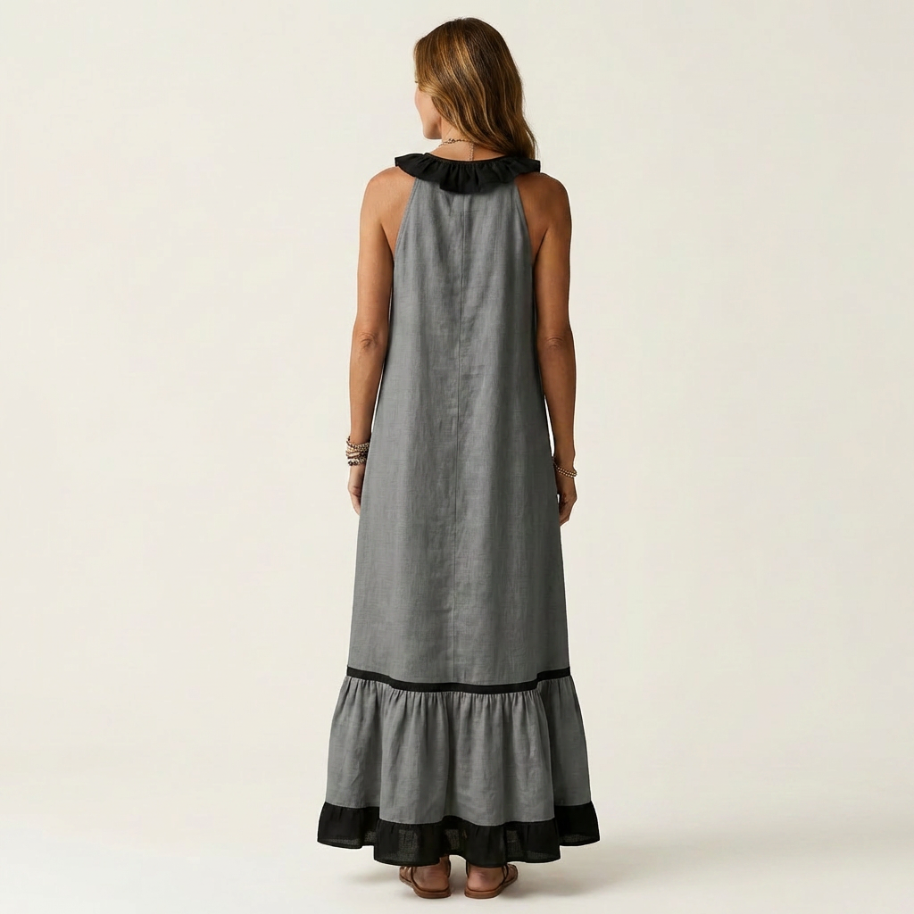 Mayline | Sleeveless Maxi Dress with Ruffled Neckline and Contrast Trim