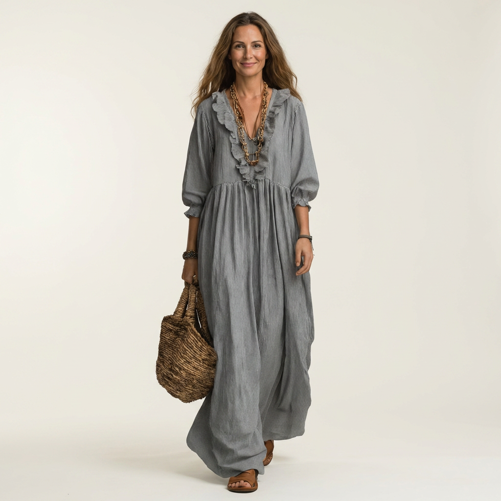 Yosetta | Ruffled V-Neck Striped Maxi Dress with Lantern Sleeves