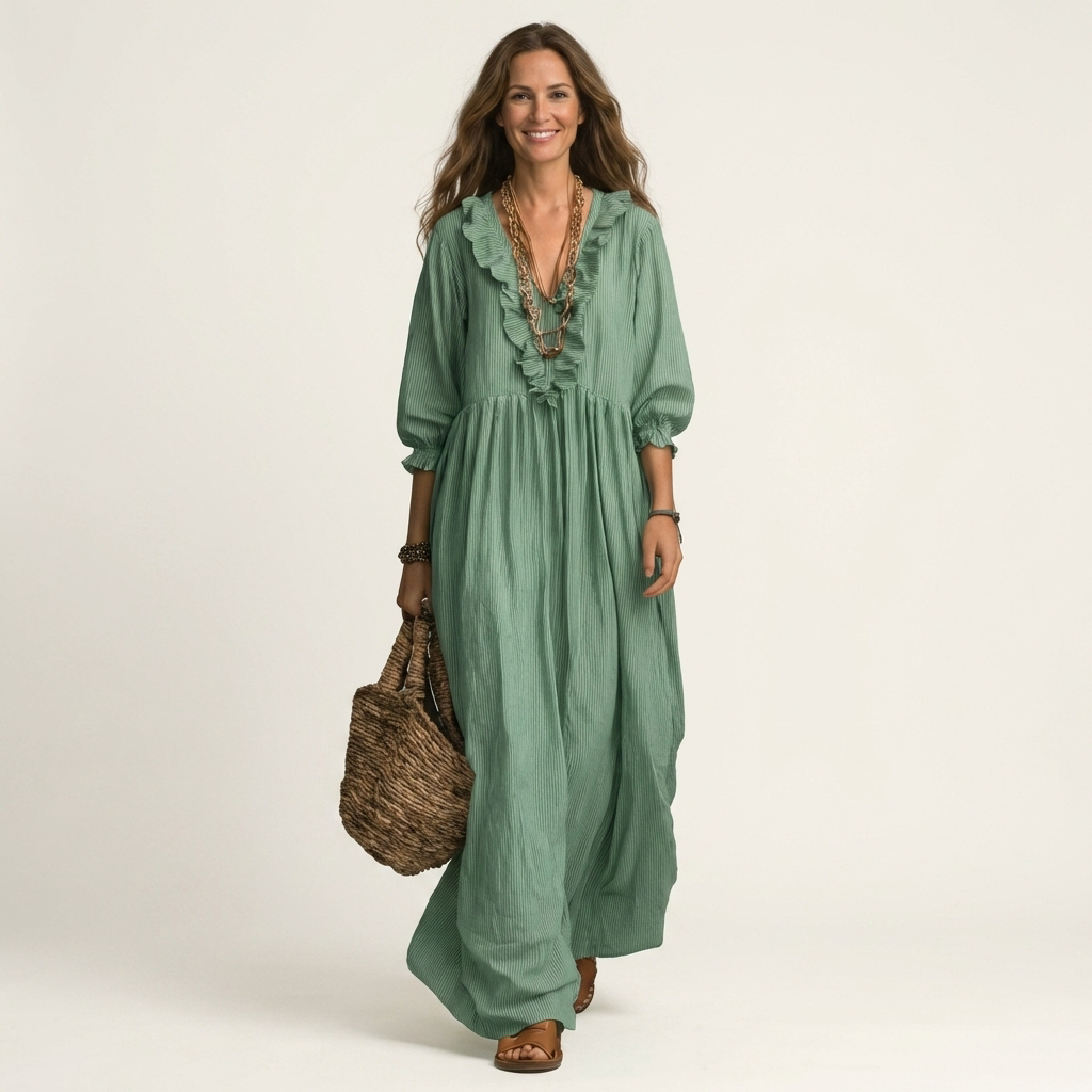 Yosetta | Ruffled V-Neck Striped Maxi Dress with Lantern Sleeves